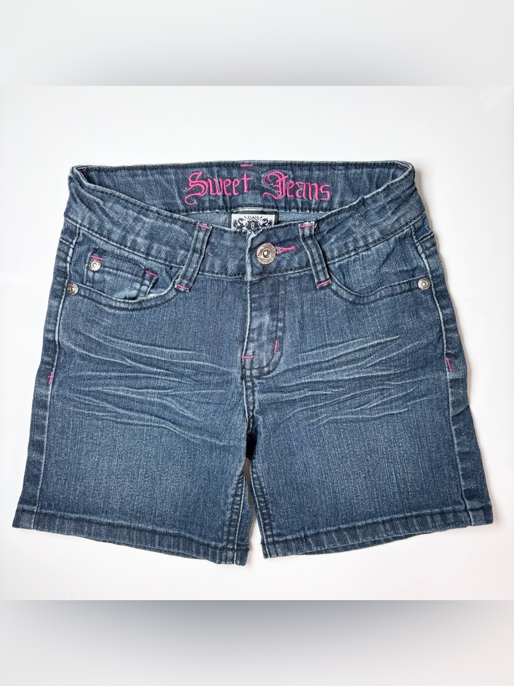 Vintage Y2K Sweet Jeans Pink Stitch Whiskered Denim Bermuda Shorts 8Y Bratz Era